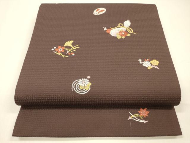 平和屋着物●九寸開き名古屋帯　唐織　松葉草花文　瓢箪　兎　正絹　逸品　DAAZ4513cm