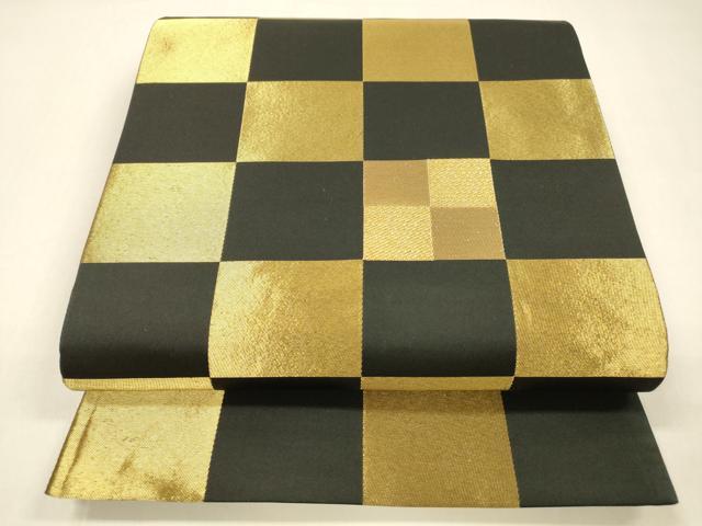 平和屋着物●六通柄袋帯　市松文様　黒地　金糸　正絹　逸品　DAAZ4518cm