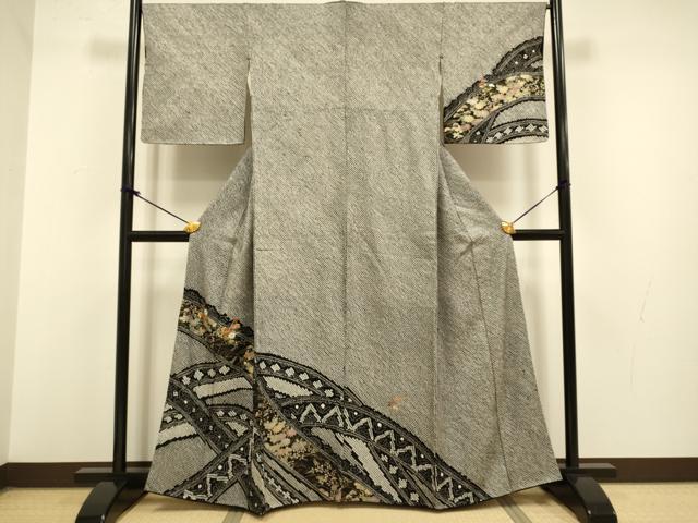 平和屋着物●訪問着　絞り　刺繍　草花文　黒地　金銀彩　正絹　逸品　DAAZ5230du