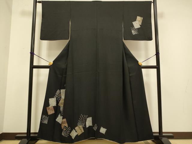 平和屋着物●訪問着　絞り　刺繍　色紙花文　黒地　金彩　正絹　逸品　DAAZ5250du