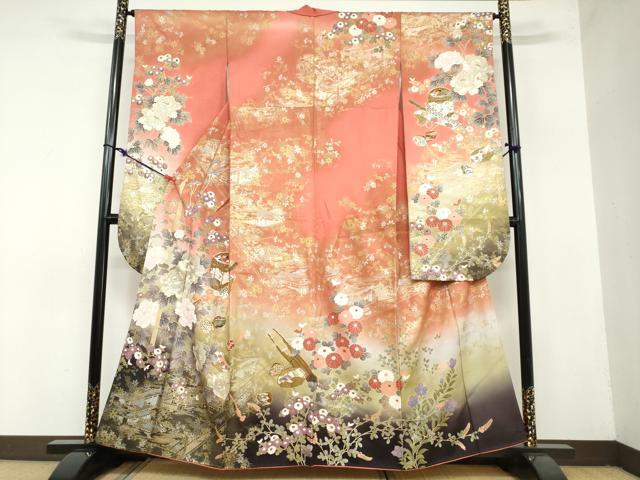 平和屋着物●豪華振袖　貝桶草花文　暈し染め　金銀彩　正絹　逸品　DAAZ7138ud