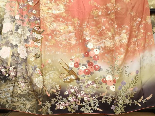 平和屋着物●豪華振袖　貝桶草花文　暈し染め　金銀彩　正絹　逸品　DAAZ7138ud 平和屋着物○豪華振袖 貝桶草花文 暈し染め 金銀彩 正絹