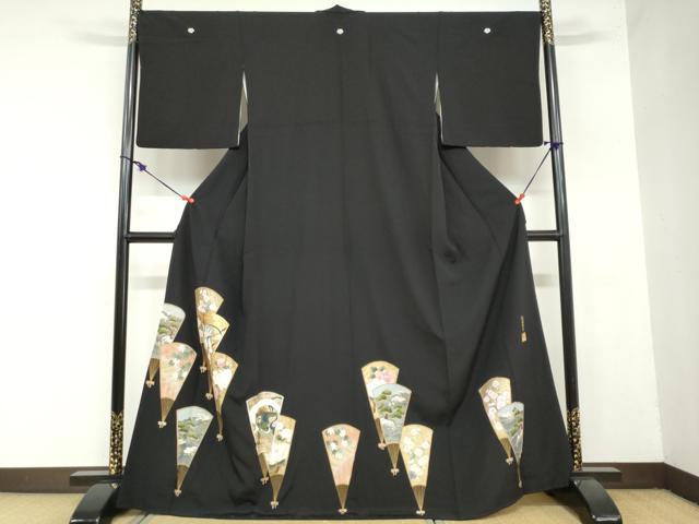 平和屋着物●金彩友禅作家 金彩の魔術師 堀省平 金煌織 黒留袖 京染 本手描友禅 花遊禅 扇面草花文 風神雷神 正絹 逸品 DAAZ7152ud