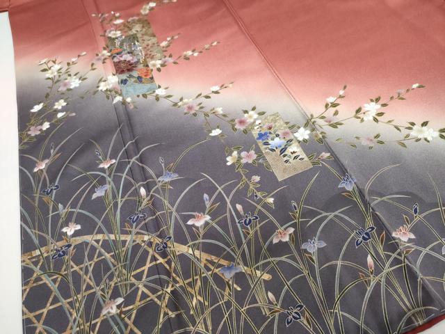 平和屋着物○訪問着 短冊草花文 暈し染め 金彩 さが美扱い 正絹 逸品