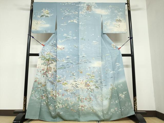 平和屋着物●訪問着　作家物　刺繍　御所車草花文　暈し染め　正絹　逸品　DAAZ7195ud
