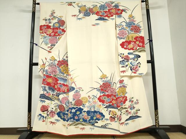 平和屋着物●豪華振袖　型染め　流水草花文　正絹　逸品　DAAZ7197ud