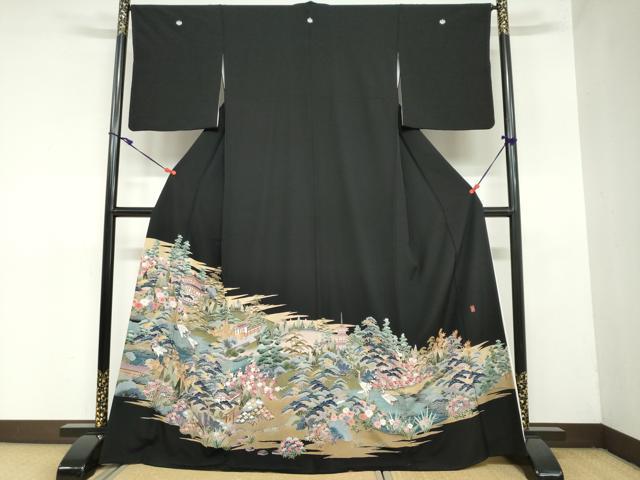 平和屋着物●豪華黒留袖　友禅　作家物　風景群鶴草花文　正絹　逸品　DAAZ7205ud