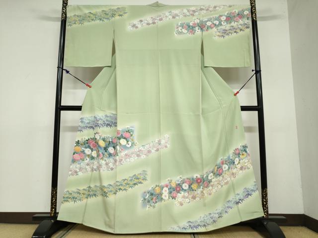 平和屋着物●訪問着　友禅　作家物　松寿縮緬　草花文　暈し染め　反端付き　正絹　逸品　未使用　DAAZ7234ud