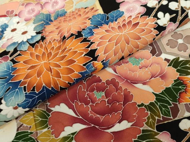 平和屋着物●本加賀友禅作家　土田外男　黒留袖　平安女人草花文　正絹　逸品　DAAZ7247ud 平和屋着物○本加賀友禅作家 土田外男 黒留袖 平安女人草花