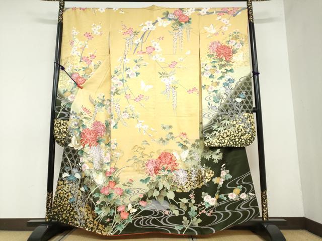 平和屋着物●豪華振袖　流水花蝶文　暈し染め　金彩　正絹　逸品　DAAZ7259ud