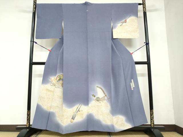 平和屋着物●友禅師・京の名工・伝統工芸士・樽本伊勢蔵　訪問着　楽器扇面飛鶴文　能面　暈し染め　金彩　正絹　逸品　DAAZ7264ud