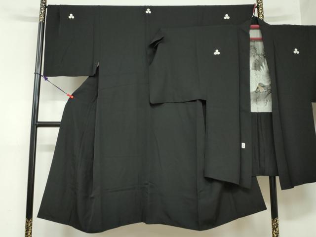 平和屋着物●男性　黒紋付　長羽織セット　羽裏：鷹枝松文　正絹　逸品　DAAZ7301ud
