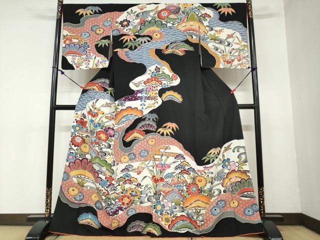 平和屋着物●訪問着　紅型　流水風景花鳥文　黒地　正絹　逸品　DAAZ7319ud