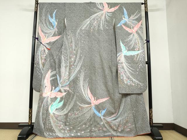 平和屋着物●豪華振袖　総絞り　孔雀文　黒地　金銀彩　正絹　逸品　DAAZ7324ud