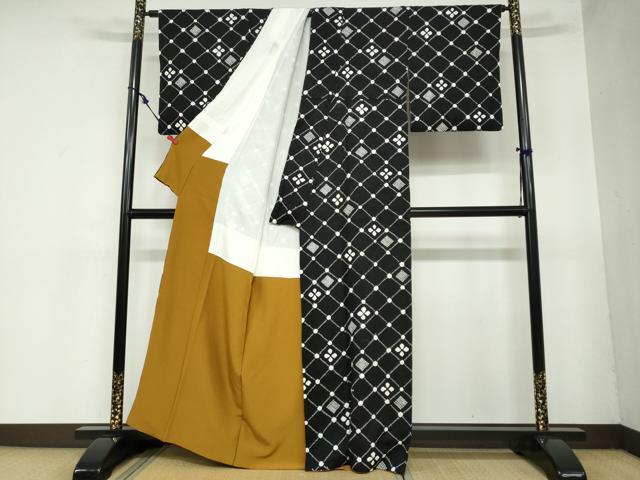 平和屋着物○上質な小紋 絞り 花菱文 黒地 正絹 逸品 DAAZ7351ud