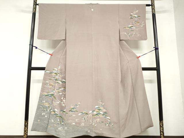 平和屋着物●創業460年・千總　訪問着　流水風景草花文　鳩羽鼠色　金彩　高島屋扱い　正絹　逸品　DAAZ7416ud