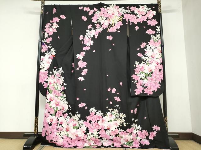 平和屋着物●豪華振袖　駒刺繍　草花文　黒地　金彩　ロング丈　正絹　逸品　DAAZ7598ud