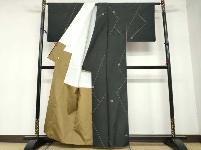 平和屋着物●上質な紬　刺し子　源氏車　黒地　正絹　逸品　DAAZ7651ud 平和屋着物○上質な紬 刺し子 源氏車 黒地 正絹 逸品 DAAZ7651ud