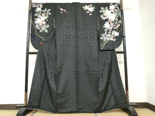 平和屋着物●小振袖　二尺袖　草花文　黒地　金彩　洗える着物　DAAZ7667ud