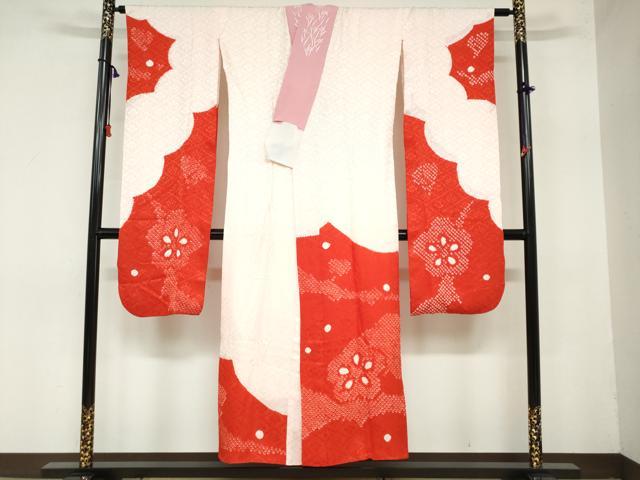 平和屋着物●振袖用長襦袢　袷　絞り　舞梅文　半衿刺繍　正絹　逸品　DAAZ7675ud