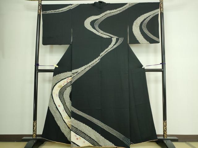 平和屋着物●訪問着　絞り　刺繍　亀甲花文　黒地　正絹　逸品　DAAZ9610sf