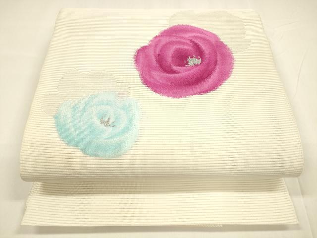 平和屋着物＊夏物　京の名門　じゅらく謹製　絽綴れ　八寸名古屋帯　薔薇　バラ　銀糸　正絹　逸品　DABA0049cm