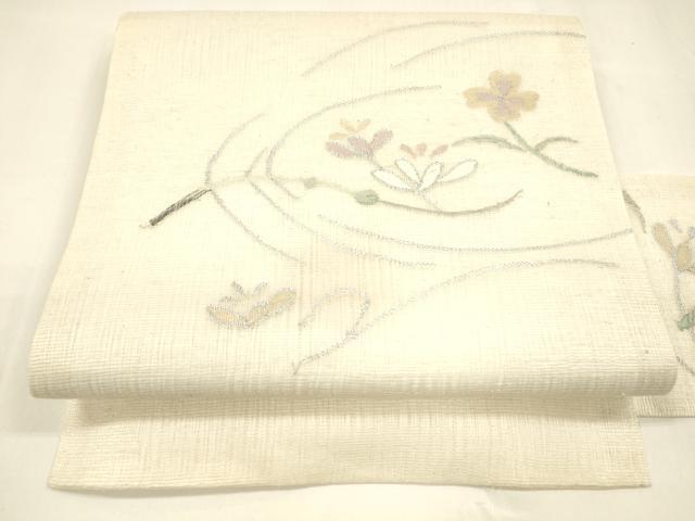 平和屋着物＊夏物　九寸名古屋帯　枝花文　銀糸　正絹　逸品　DABA0052cm