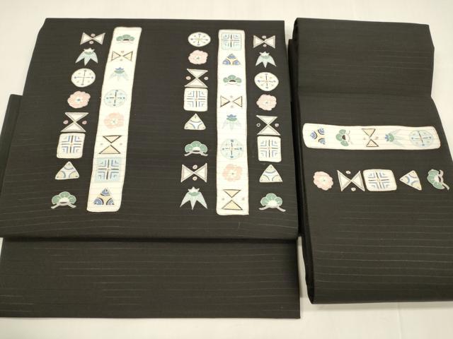 平和屋着物＊夏物　絽塩瀬　つけ帯　抽象花松文　黒地　金彩　正絹　逸品　DABA0093cm