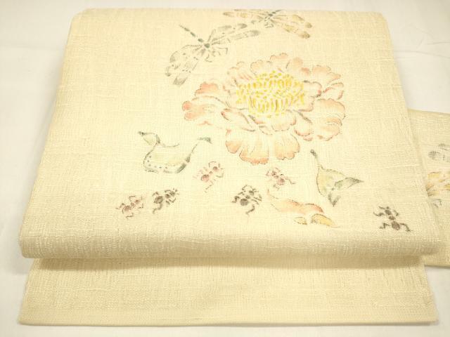 平和屋着物＊夏物　九寸名古屋帯　手描き　舞花文　蜻蛉　蟻　正絹　逸品　DABA0110cm