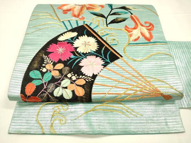 平和屋着物＊夏物　アンティーク　大正ロマン　九寸名古屋帯　駒刺繍　総刺繍　扇面草花文　金銀糸　引箔　正絹　逸品　DABA0149cm