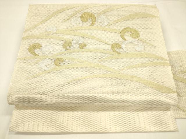 平和屋着物＊夏物　八寸名古屋帯　草葉文　金銀糸　正絹　逸品　DABA0159cm