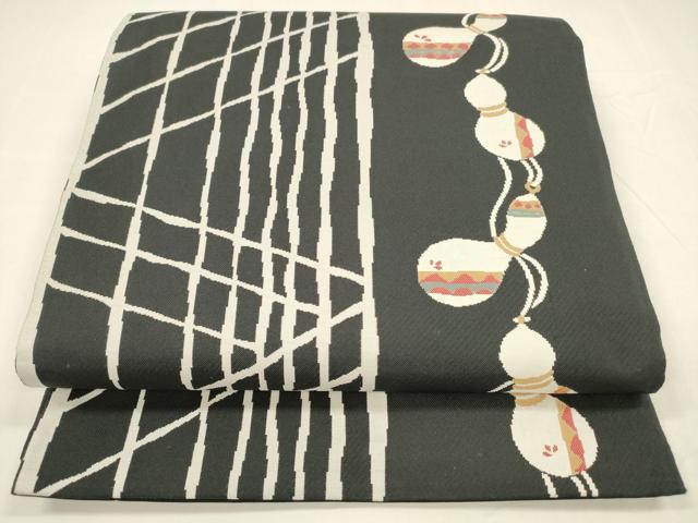 平和屋着物●六通柄袋帯　瓢箪抽象間道　黒地　正絹　逸品　DABA0172cm