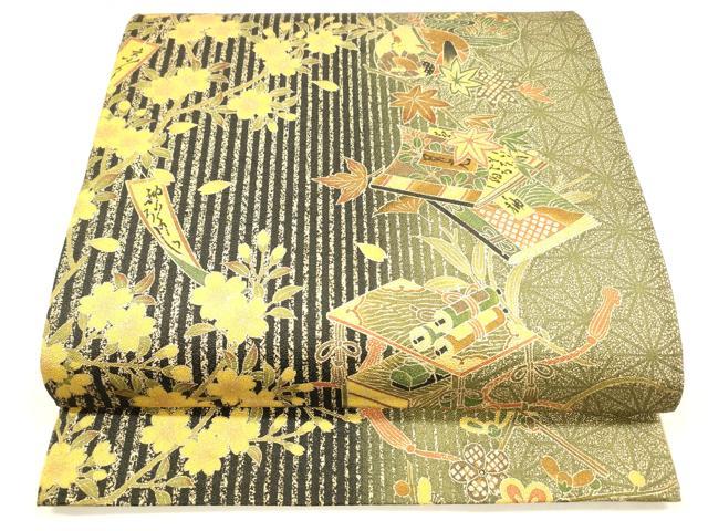平和屋着物●両面　全通柄袋帯　御所車冊子扇面花文　霞文　金彩　正絹　逸品　DABA0174cm