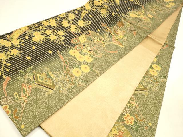 平和屋着物●両面　全通柄袋帯　御所車冊子扇面花文　霞文　金彩　正絹　逸品　DABA0174cm 平和屋着物○両面 全通柄袋帯 御所車冊子扇面花文 霞文