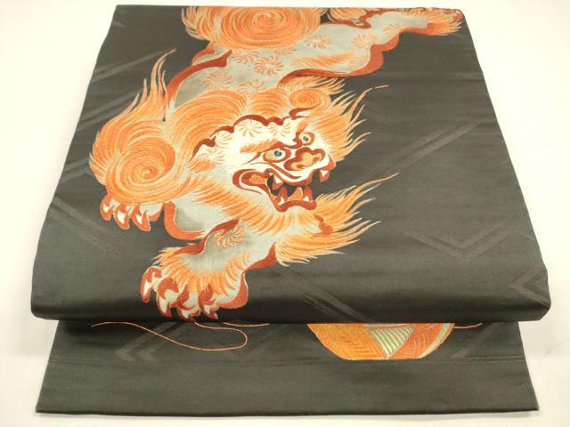 平和屋着物●アンティーク　大正ロマン　九寸名古屋帯　作家物　駒刺繍　狛犬　鞠　黒地　金銀糸　正絹　逸品　DABA0180cm