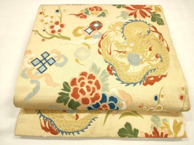平和屋着物●六通柄　京本袋帯　唐織　草花龍文　金糸　正絹　逸品　DABA0181cm