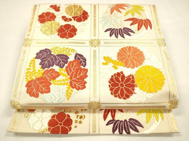 平和屋着物●六通柄袋帯　唐織　草花文　金糸　正絹　逸品　DABA0191cm