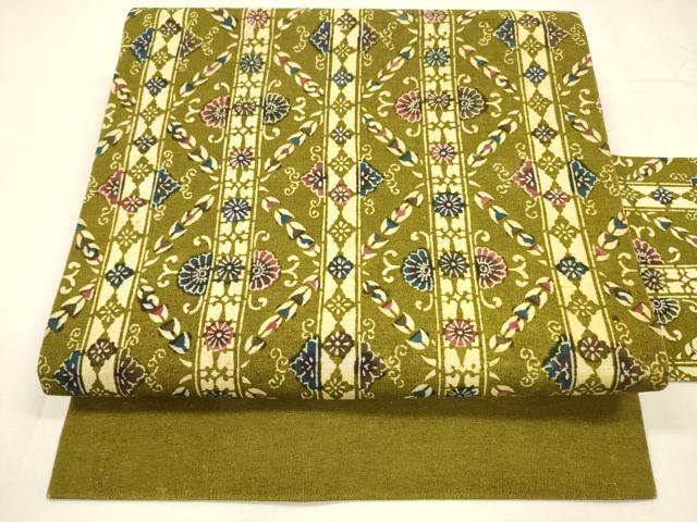 平和屋着物●全通柄九寸名古屋帯　草木染　型染　花間道　正絹　逸品　DABA0221cm