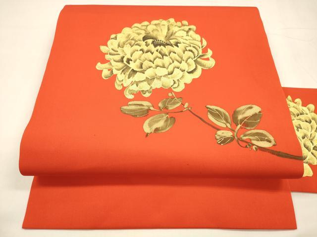 平和屋着物●塩瀬　九寸名古屋帯　枝菊文　金彩　正絹　逸品　DABA0224cm