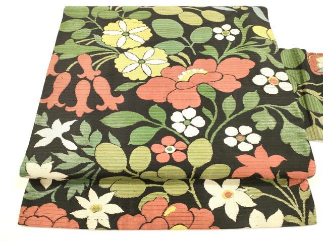 平和屋着物＊夏物　アンティーク　大正ロマン　九寸名古屋帯　草花文　黒地　正絹　逸品　DABA0226cm