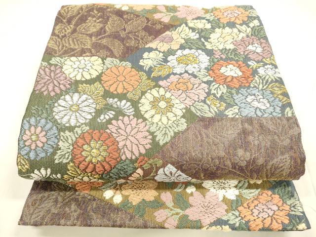 平和屋着物▽スリーシーズン　春夏秋　六通柄袋帯　唐織　松皮取草花文　金糸　正絹　逸品　DABA0283cm