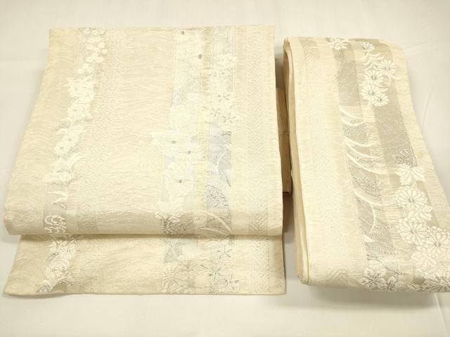 平和屋着物＊夏物　つけ帯　唐織　草花間道　銀糸　正絹　逸品　DABA0309cm
