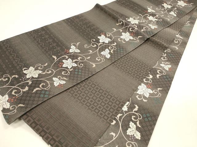 平和屋着物▽スリーシーズン　春夏秋　両面　全通柄袋帯　唐織　南天蔦の葉文　幾何学文様　正絹　逸品　DABA0324cm