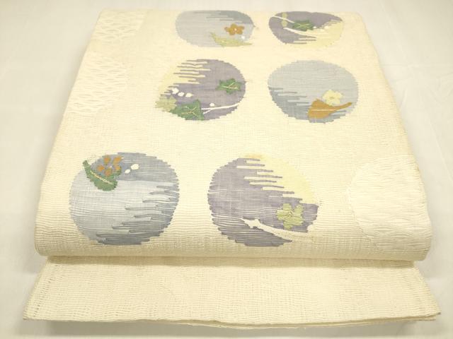 平和屋着物▽スリーシーズン　春夏秋　太鼓柄袋帯　すくい織　草花丸文　金糸　正絹　逸品　DABA0325cm