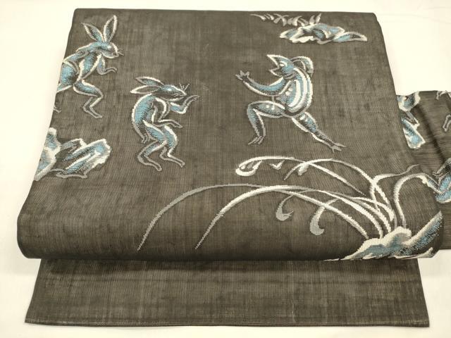 平和屋着物＊夏物　絹芭蕉　九寸名古屋帯　鳥獣戯画　黒地　銀糸　正絹　逸品　DABA0348cm