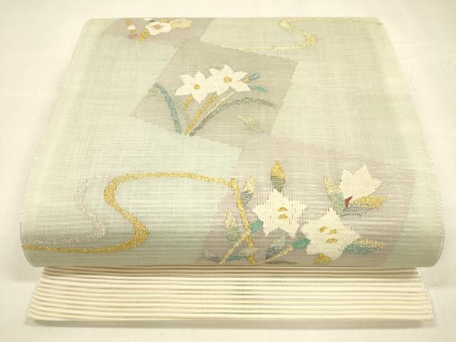 平和屋着物＊夏物　絽綴れ　八寸名古屋帯　流水草花文　金銀糸　正絹　逸品　DABA0379cm