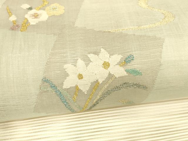 平和屋着物＊夏物　絽綴れ　八寸名古屋帯　流水草花文　金銀糸　正絹　逸品　DABA0379cm