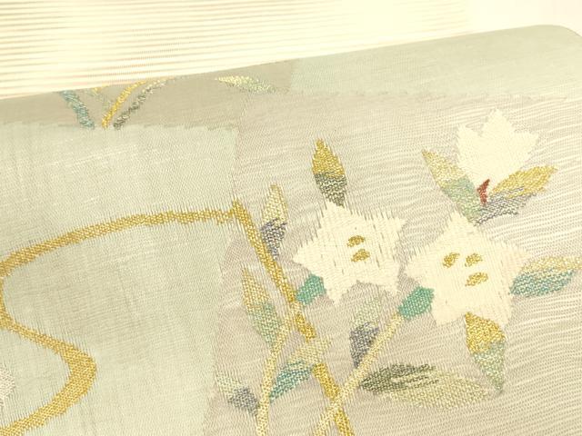 平和屋着物＊夏物　絽綴れ　八寸名古屋帯　流水草花文　金銀糸　正絹　逸品　DABA0379cm