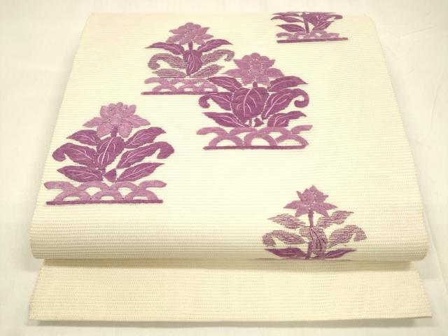 平和屋着物＊夏物　太鼓柄袋帯　総刺繍　名物裂　草花文　銀糸　正絹　逸品　DABA0380cm