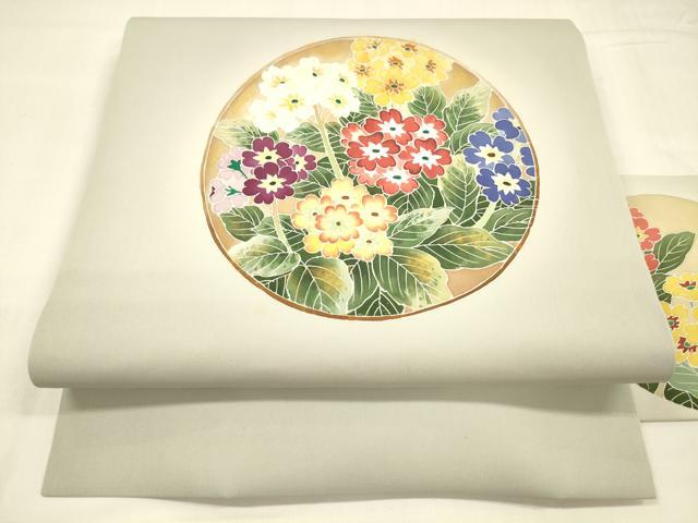 平和屋着物●塩瀬　九寸名古屋帯　友禅　作家物　草花丸文　正絹　逸品　DABA0432cm